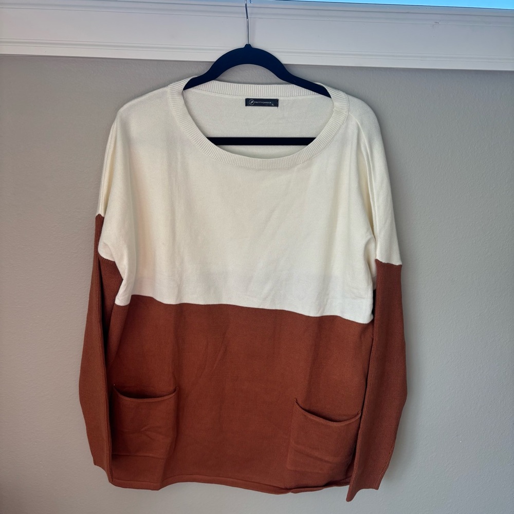 PrettyGarden Colorblock‎ Sweater Cream Brown Long Sleeve Tunic Knit Top Pockets